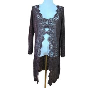 Bette Sung Womens VTG 90s Y2K Brown Crochet Knit Long Cardigan XL Festival Boho